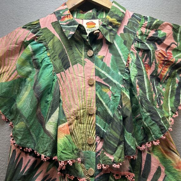 Farm Rio Shirt Womens Small Pink Green Tropical Leaf Ruffle Pom Pom Button Boho - Picture 6 of 9